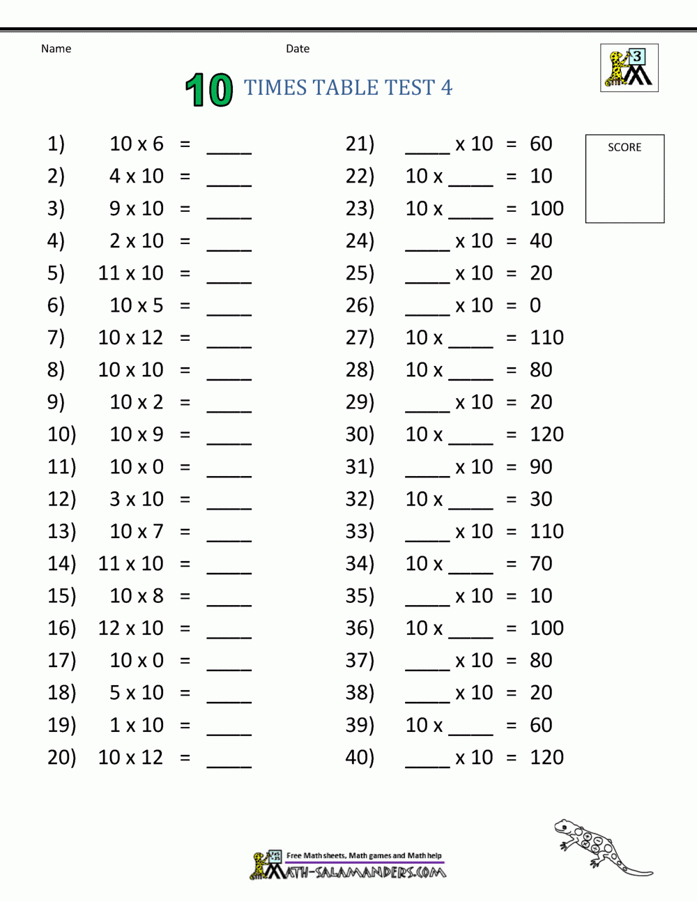 10 Times Table Worksheet Page