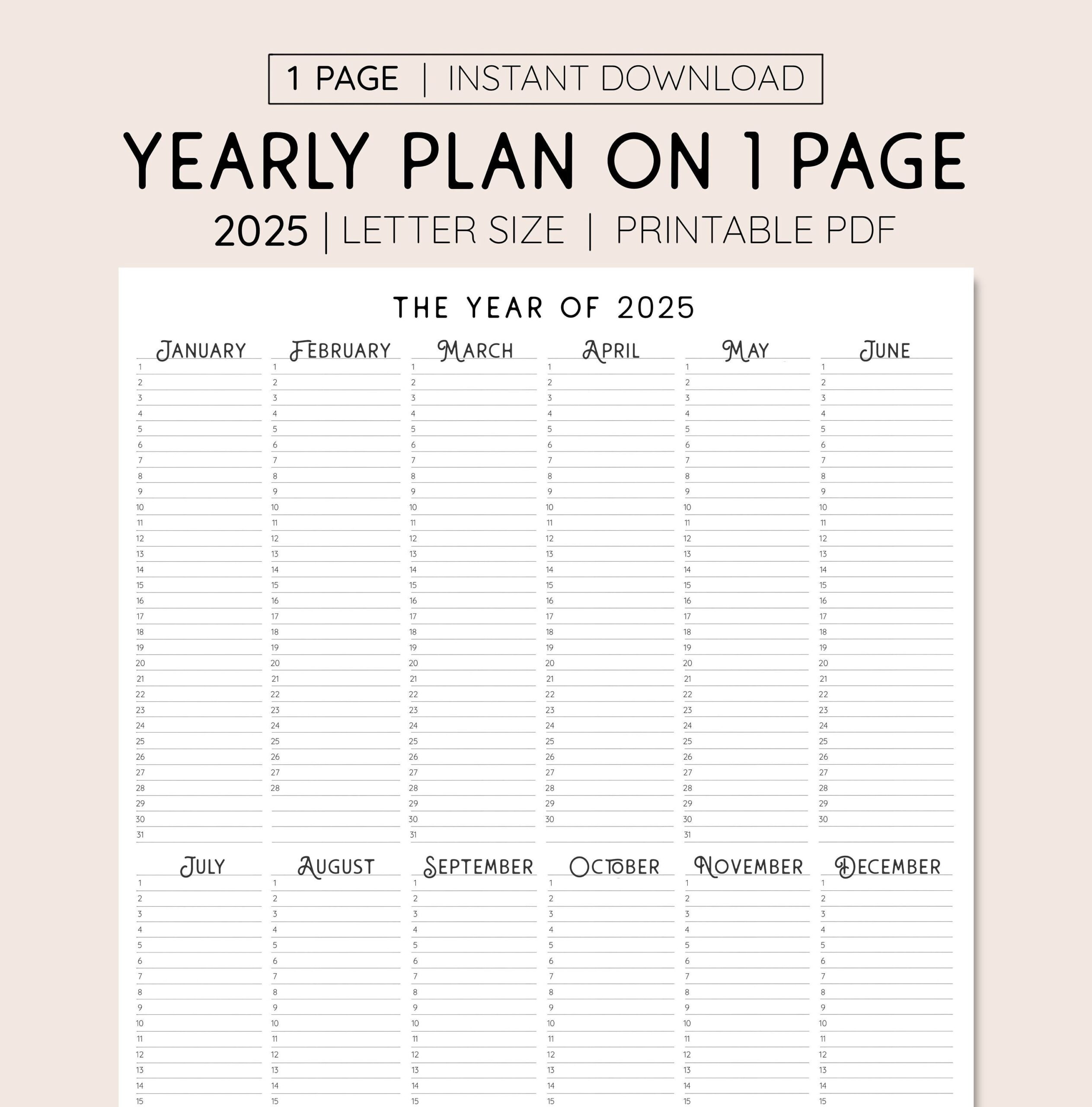 2025 Year At A Glance INSTANT DOWNLOAD Yearly Overview Printable Calendar 2025 Yearly Planner Annual Overview Etsy Australia