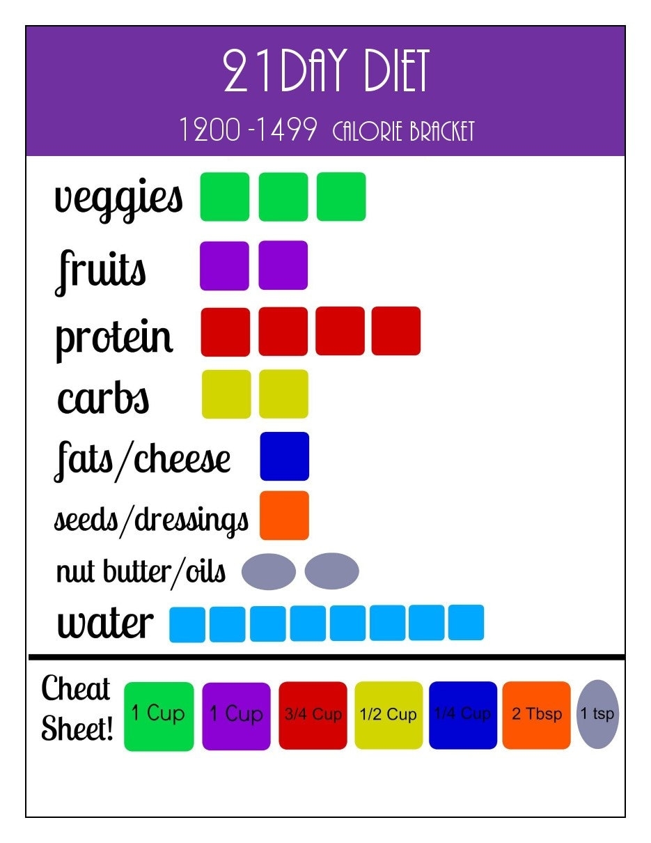 21 Day Portion Control Diet Plan Printables 1200 1499 Calorie Container Tracking Sheets Etsy