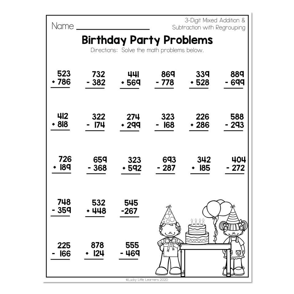 2nd Grade Math Worksheets 3 Digit Mixed Addition And Subtraction With Regrouping Birthday Party Problems Worksheets Library