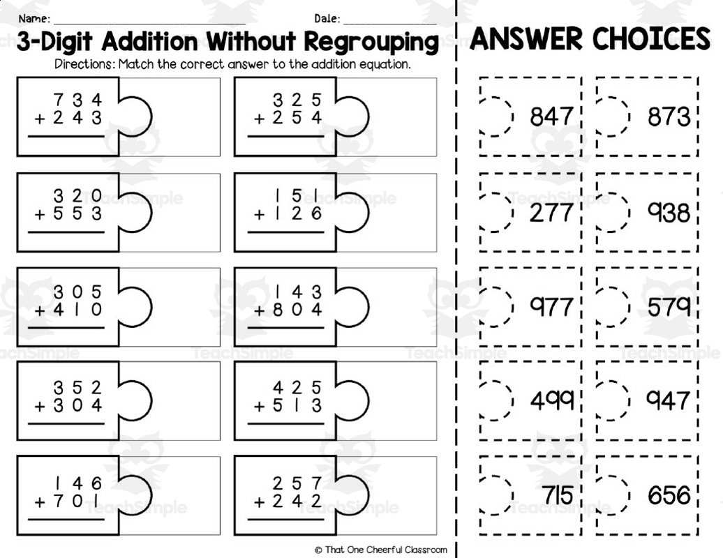 3 Digit Addition Without Regrouping Matching Worksheet By Teach Simple