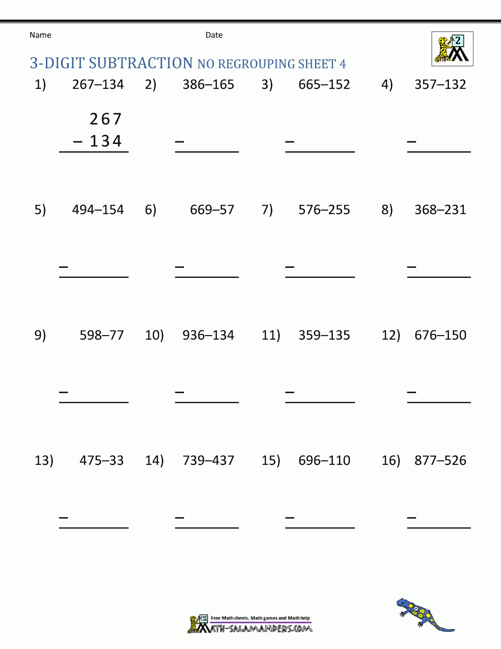 3 Digit Subtraction Worksheets