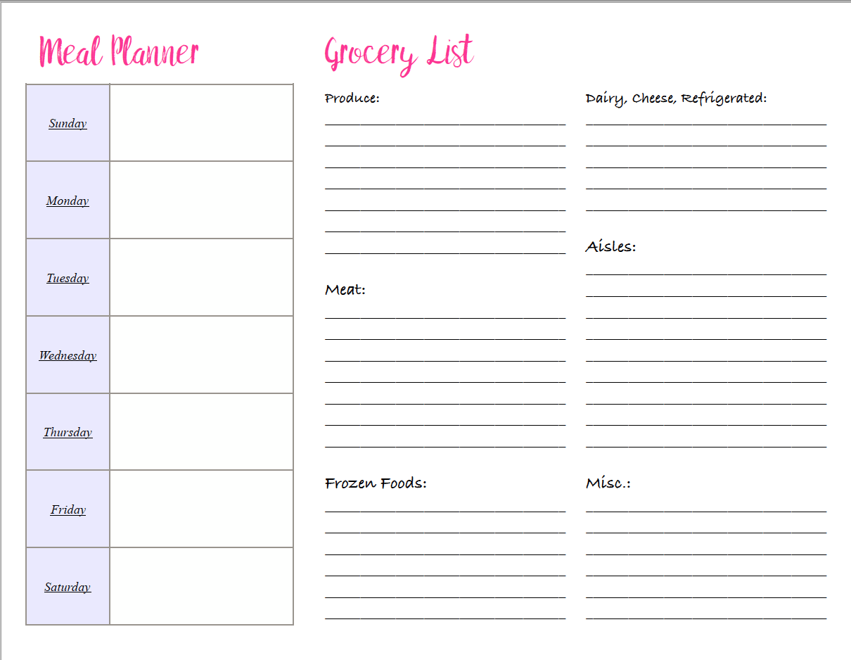 meal planner with grocery list printable