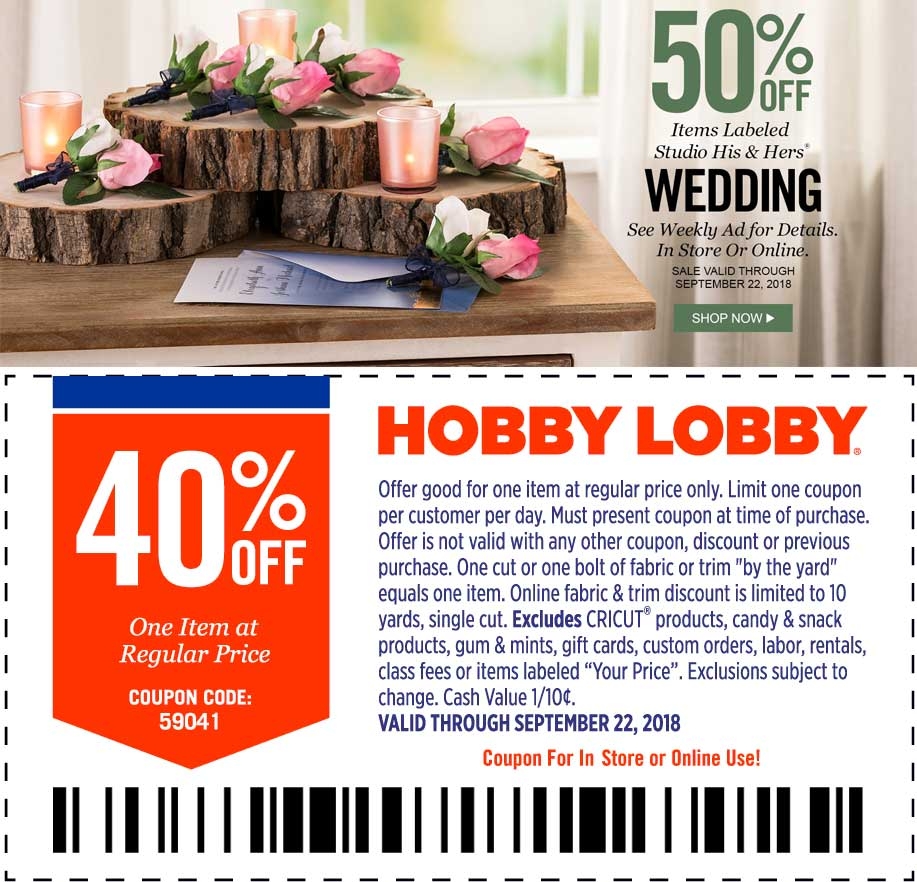 40 Off A Single Item At Hobby Lobby Or Online Via Promo Code 59041 Hobby Lobby October 2025 Coupons Promo Codes Deals 