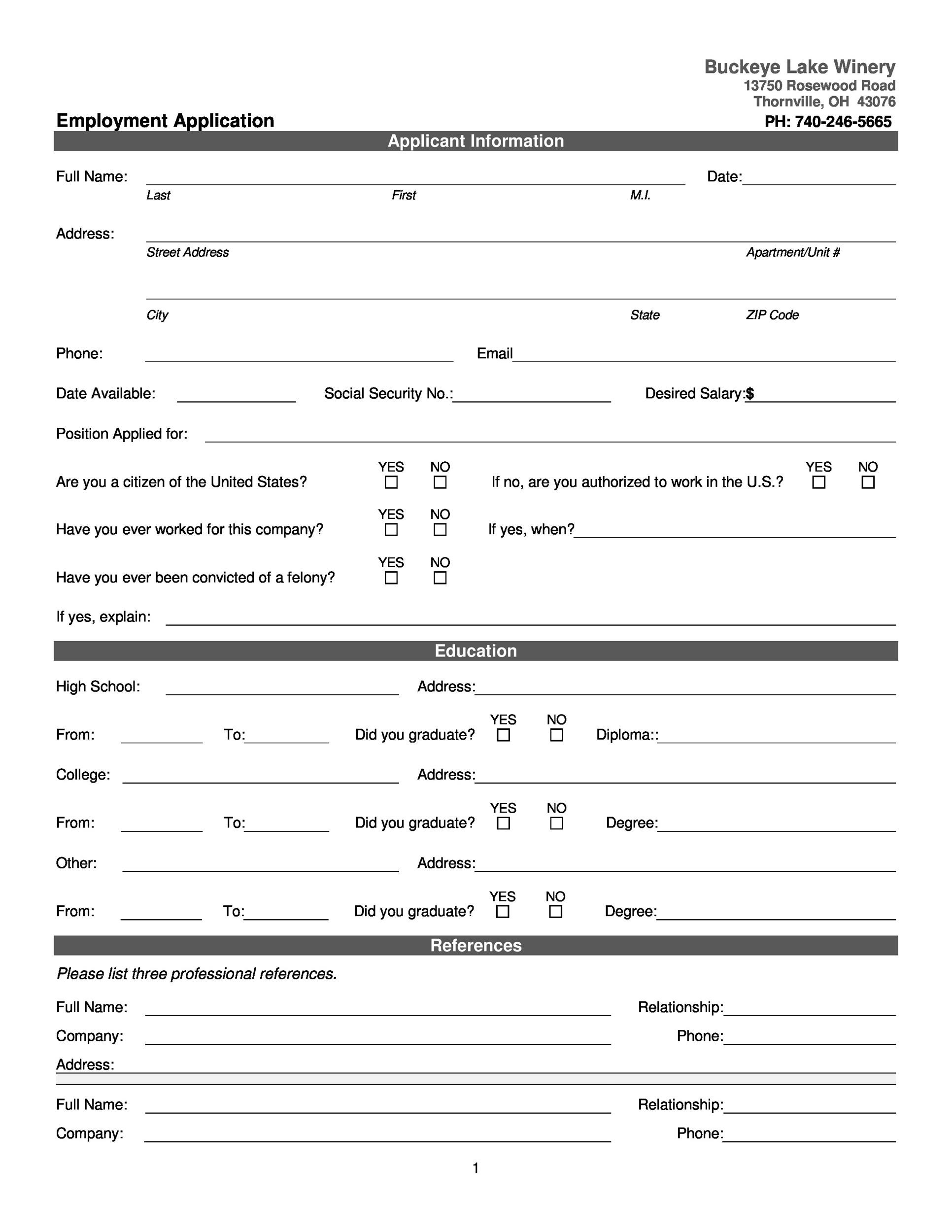 printable employment application template