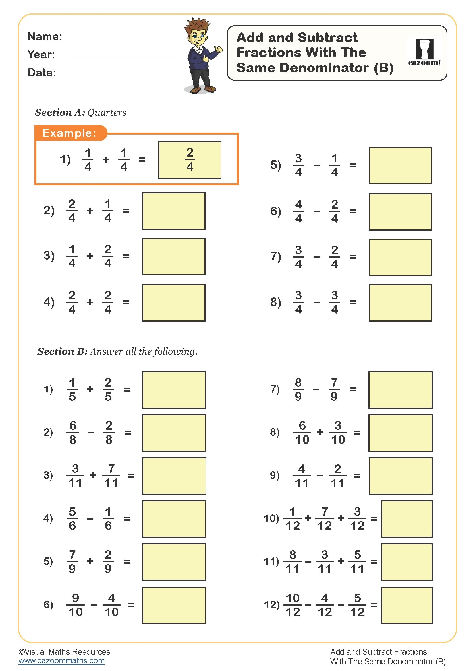 fraction addition subtraction worksheet