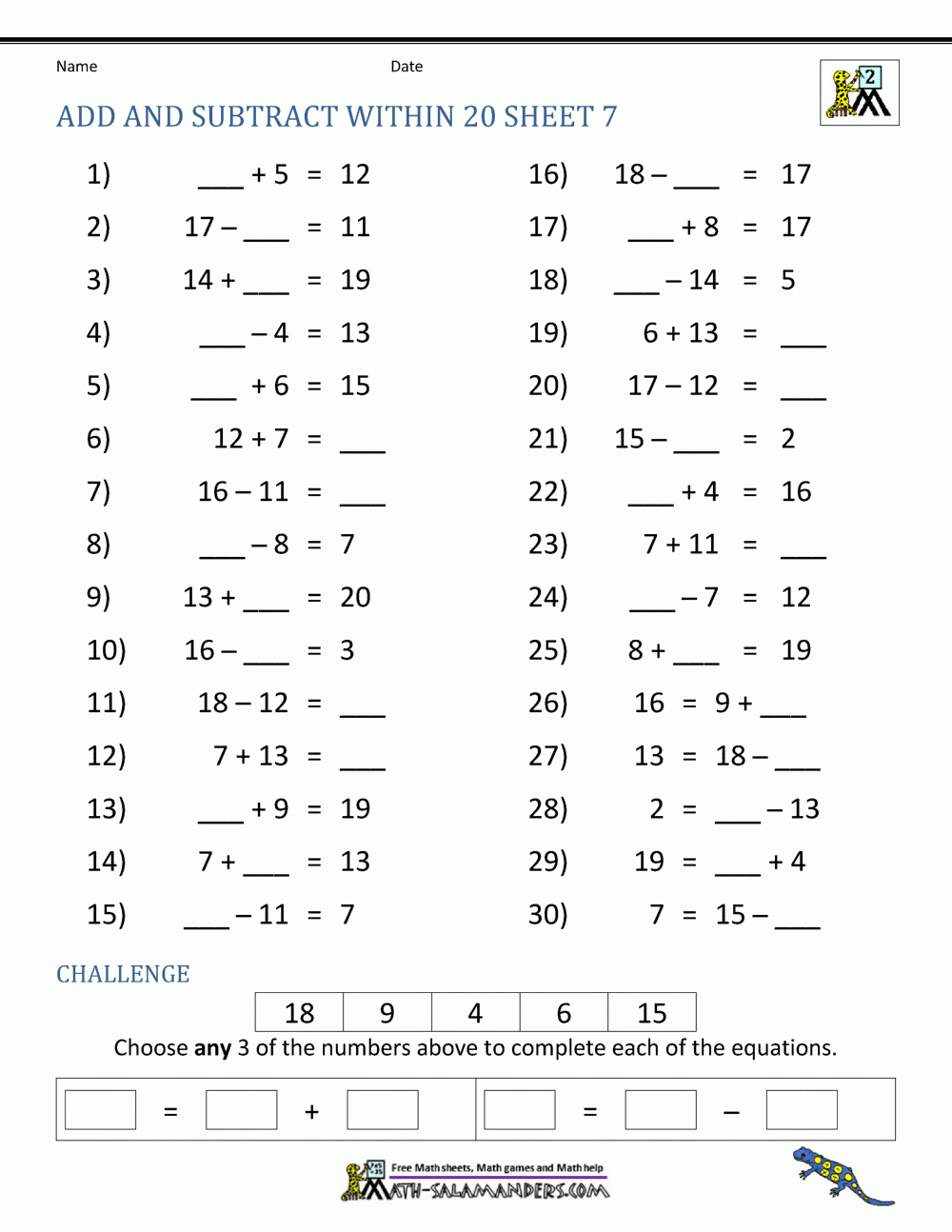 Add And Subtract Within 20