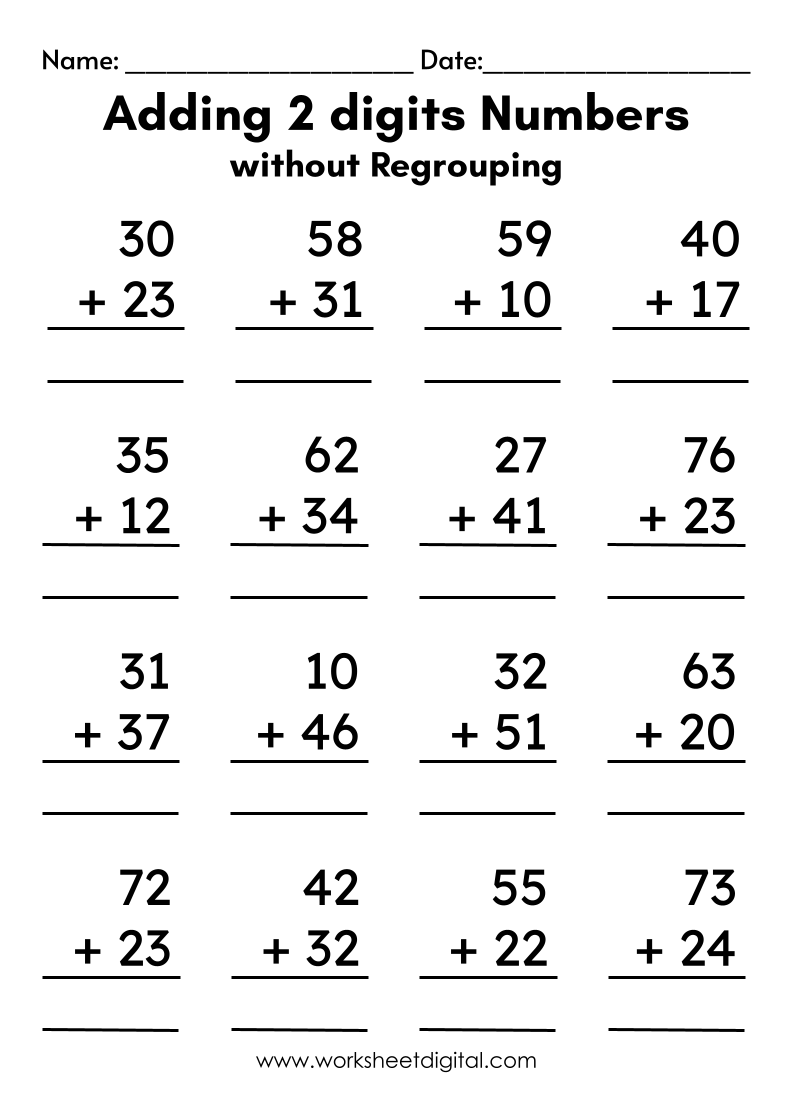 Adding 2 Digit Numbers Without Regrouping 80 Double Digit Addition No Regrouping Sums Grade 1 2 Made By Teachers