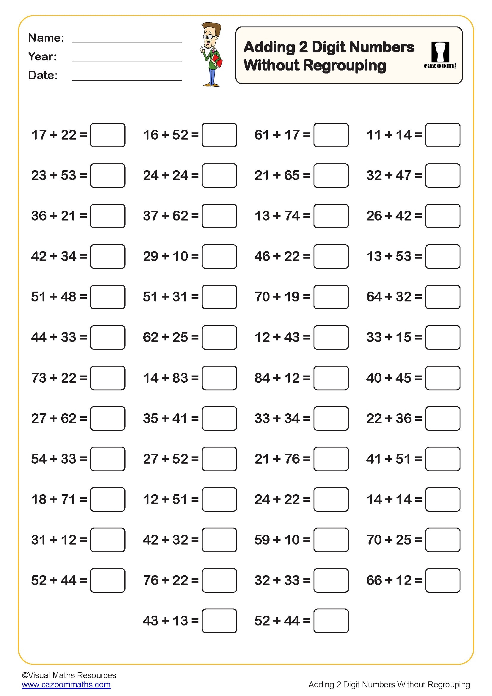 Adding 2 Digit Numbers Without Regrouping Worksheet 50 Questions Key Stage 2 PDF Addition Worksheets Adding 2 Digit Numbers Without Regrouping Worksheet 50 Questions Key Stage 2 PDF Addition Worksheets