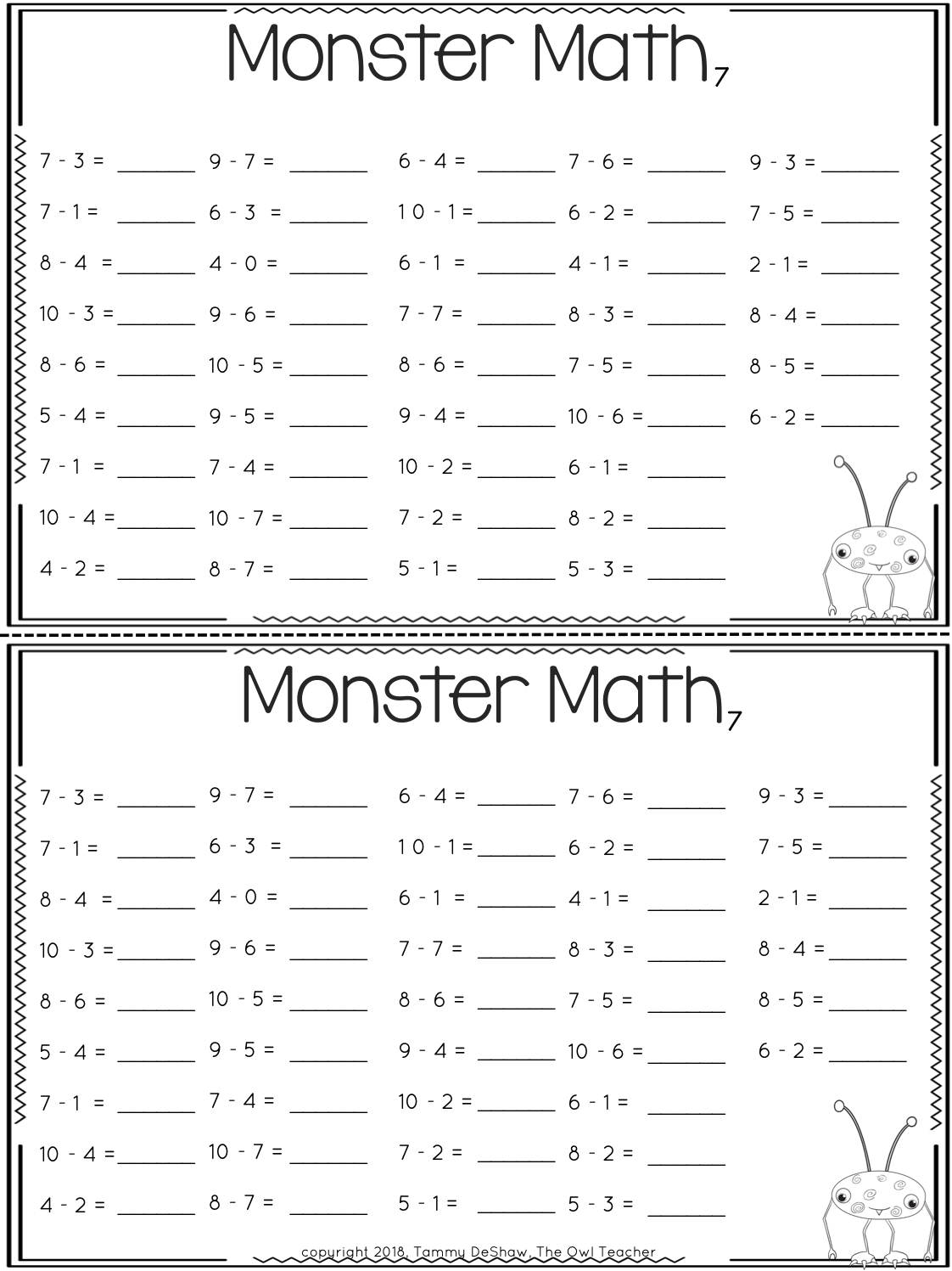 Addition And Subtraction Fact Fluency Practice The Owl Teacher Worksheets Library