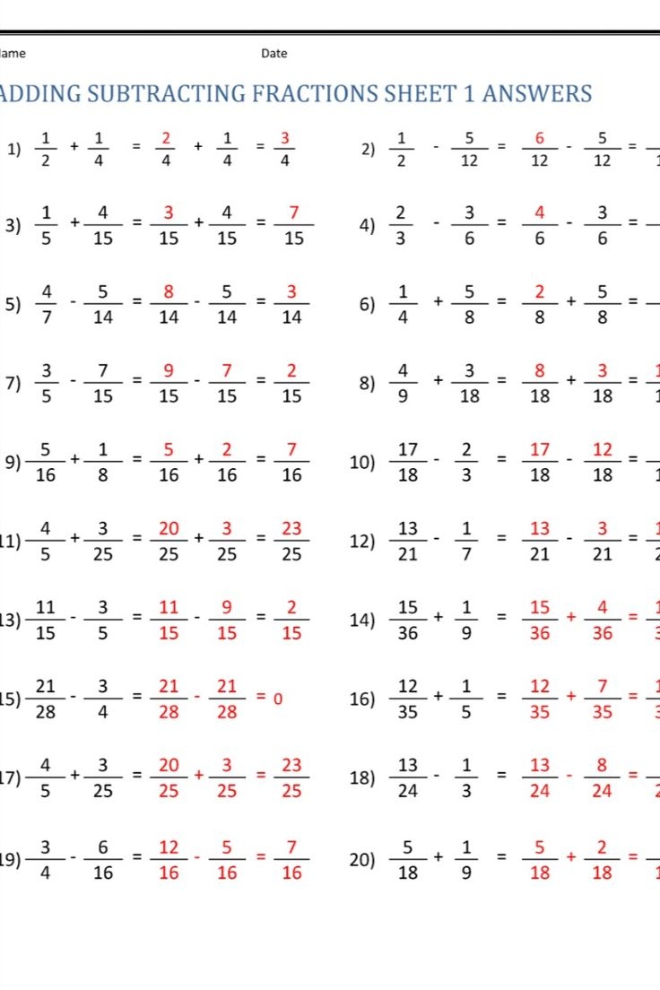 adding subtracting fractions worksheet