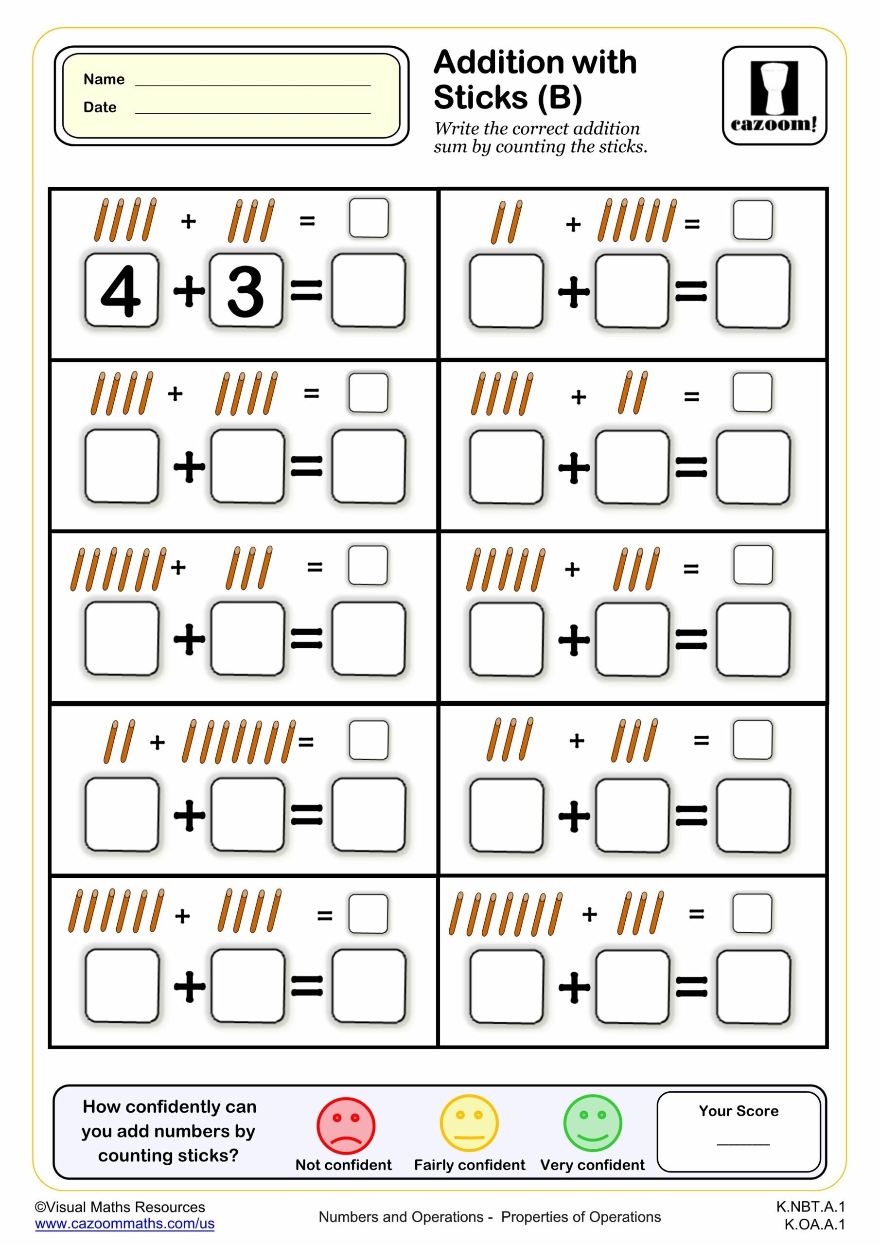Addition With Sticks B K Grade PDF Addition Worksheets Cazoom Math