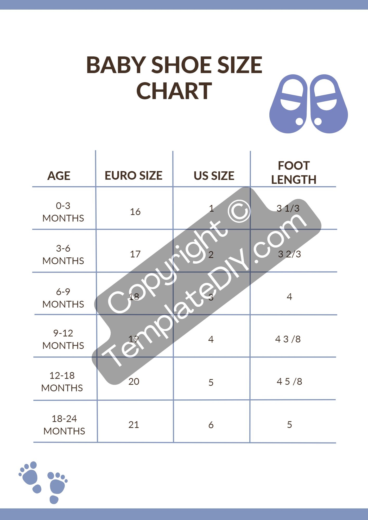 Baby Shoe Size Chart Printable PDF Word Template