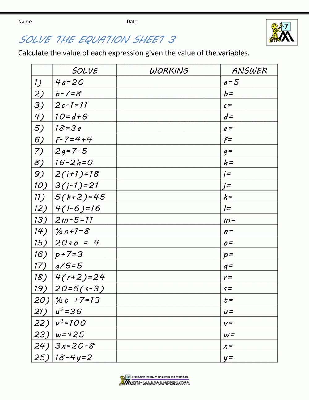 algebra 1 practice worksheets