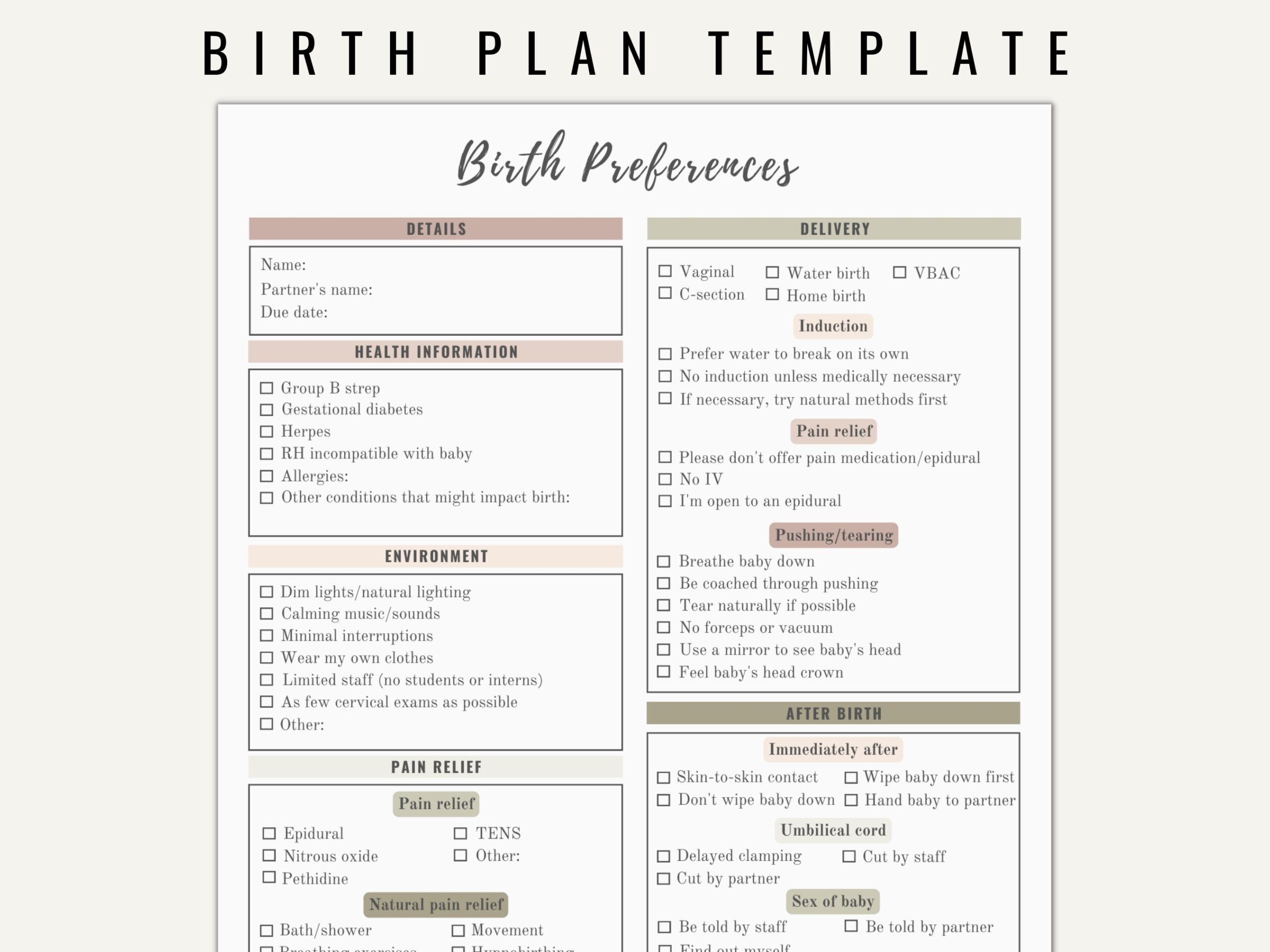 Birth Plan Template Printable Editable Neutral Colors Etsy Australia