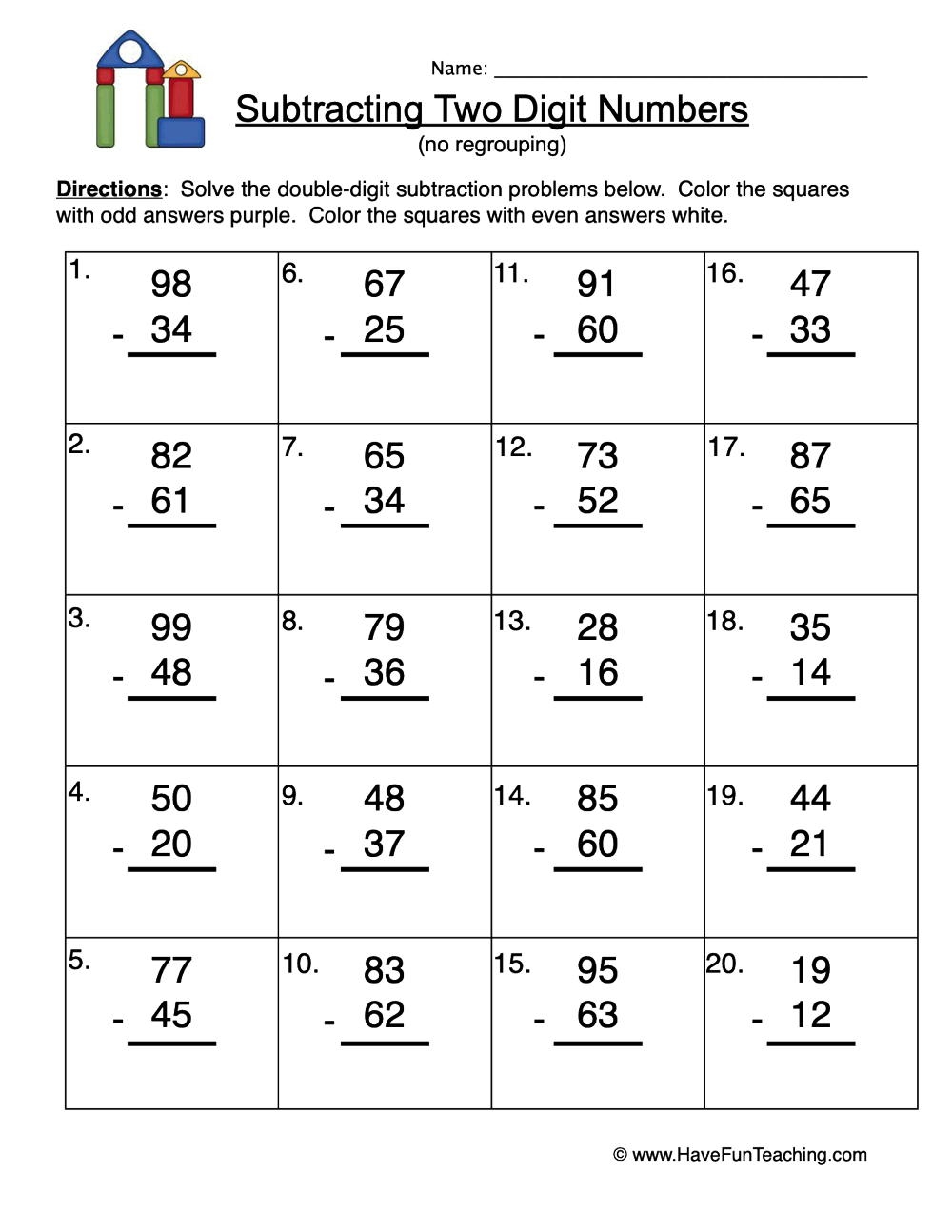 Blocks Double Digit Subtraction Without Regrouping Worksheet Have Fun Teaching
