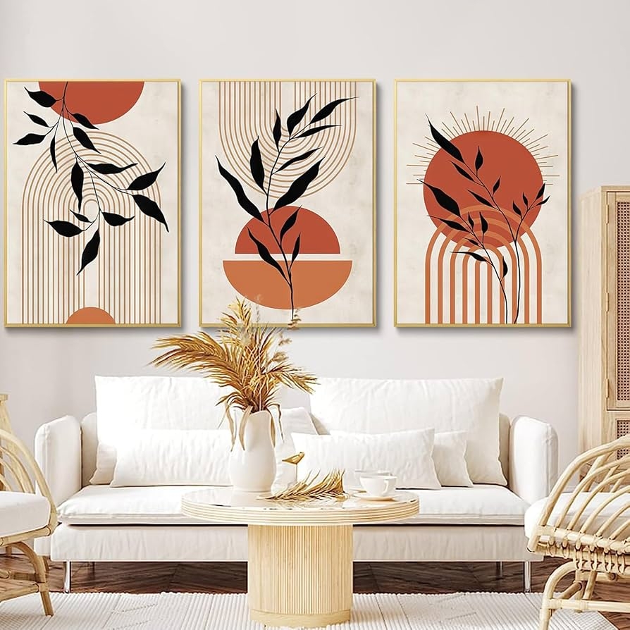 Boho Wall Art Mid Century Modern Orange Minimalist Wall Decor Pictures Neutral Abstract Geometric Line Unframed 12 X 16 Inch Pack Of 3 Amazon de Home Kitchen
