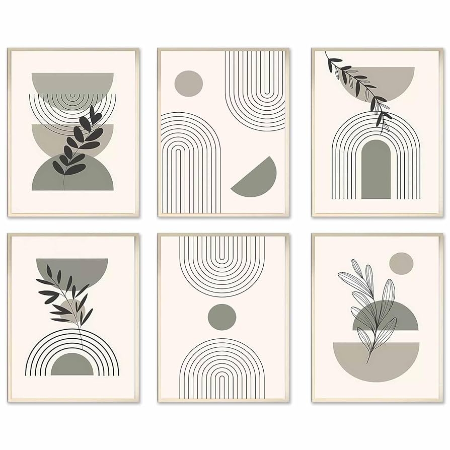 Boho Wall Art Set Mid Century Modern Wall Decor Minimalist Abstract Geometric Line Leaf Sun Moon Beige Green Canvas Art Prints Boho Room Decor Artwork Amazon de Home Kitchen