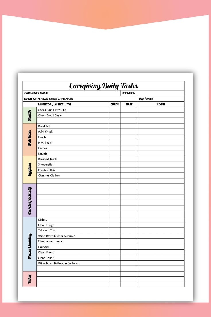 Care Giving Caregiver Daily Tasks Form Printable PDF JPG Fill By Hand Letter Size Instant Download Template BOP 055