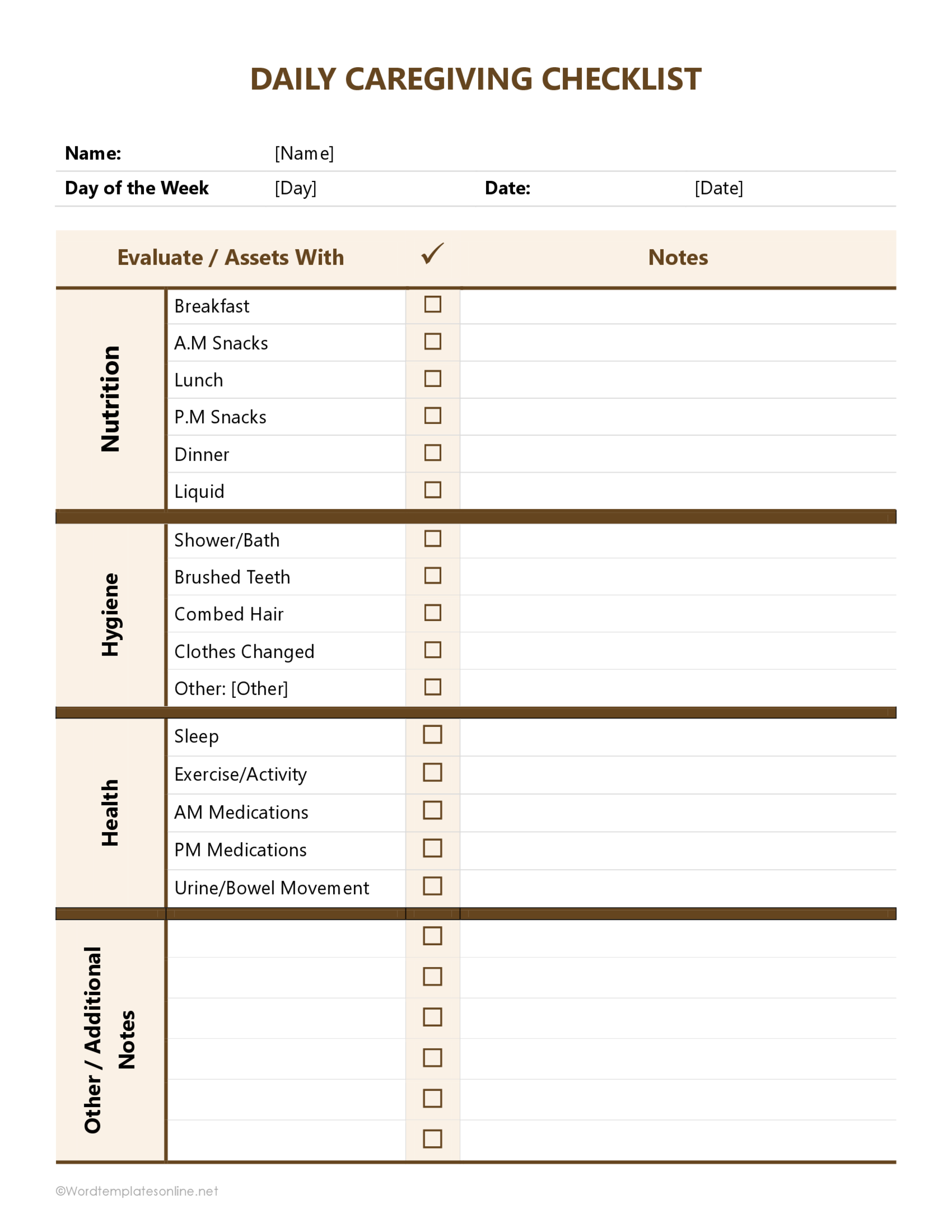 Caregiver Schedule Daily Checklist Templates