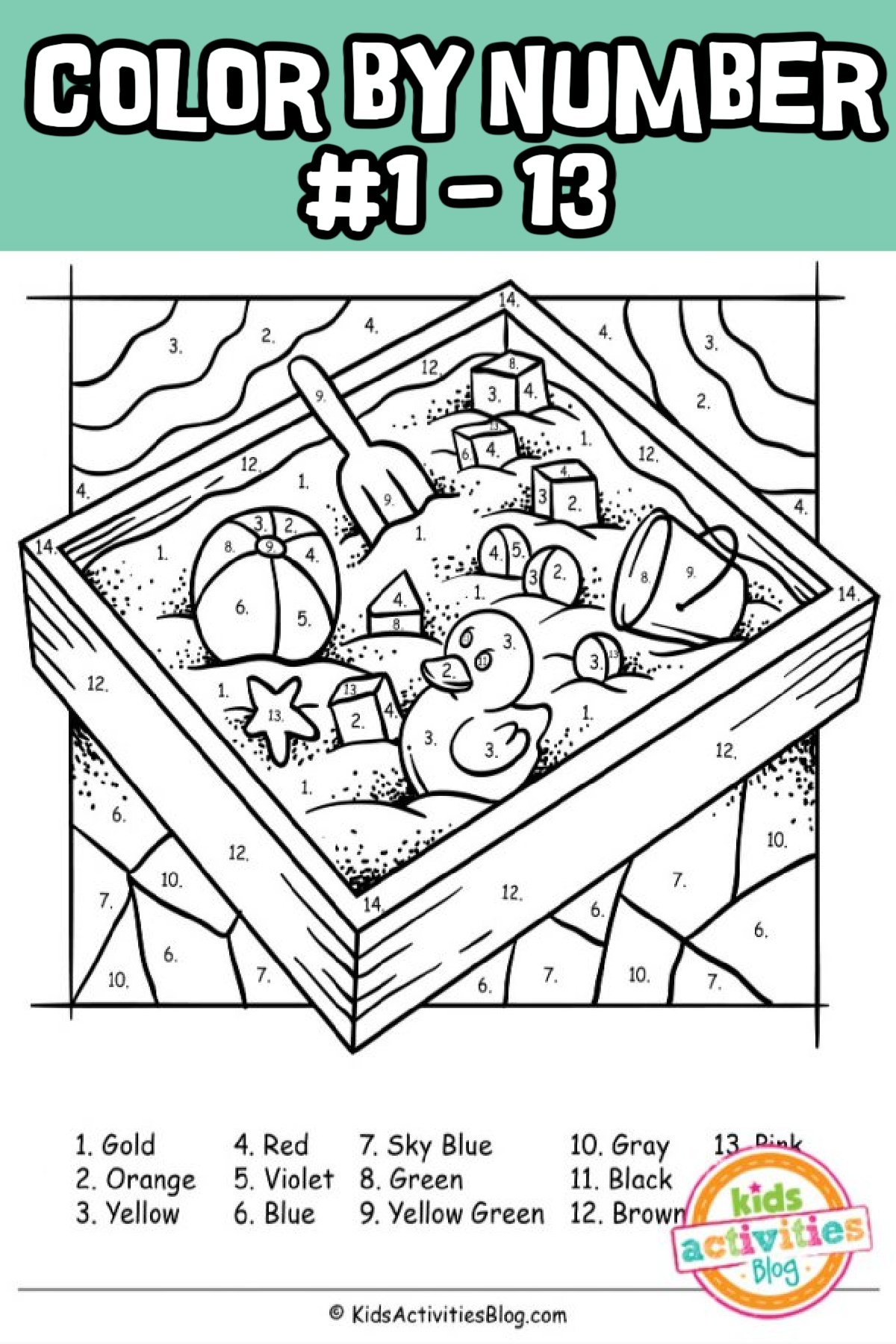 Color By Number Numbers 1 13 With Sandbox Theme Kids Activities Blog