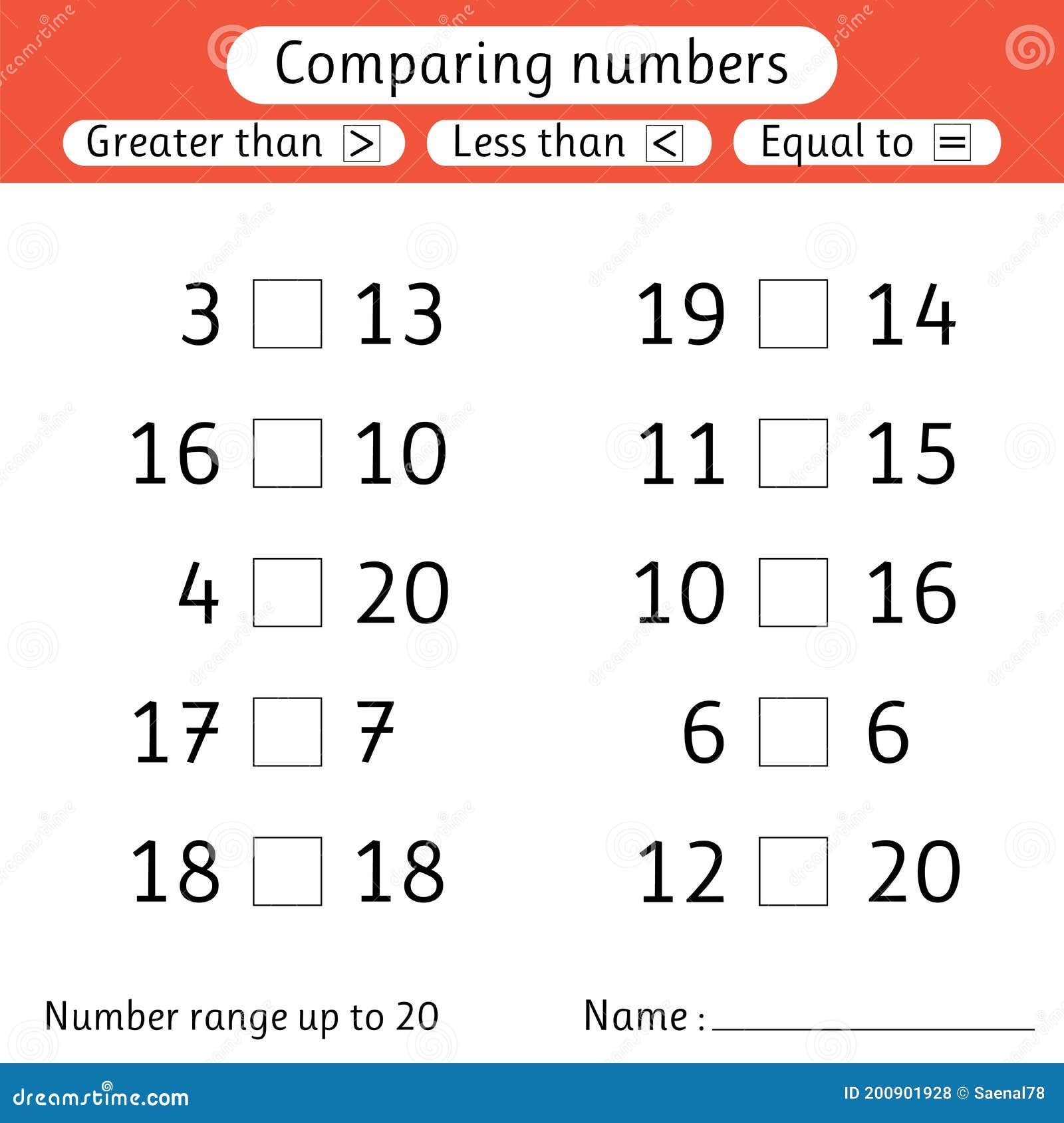 Comparing Numbers Less Than Greater Than Equal To Number Range Up To 20 Preschool Elementary School Worksheet For Kids Stock Vector Illustration Of Numbers Math 200901928