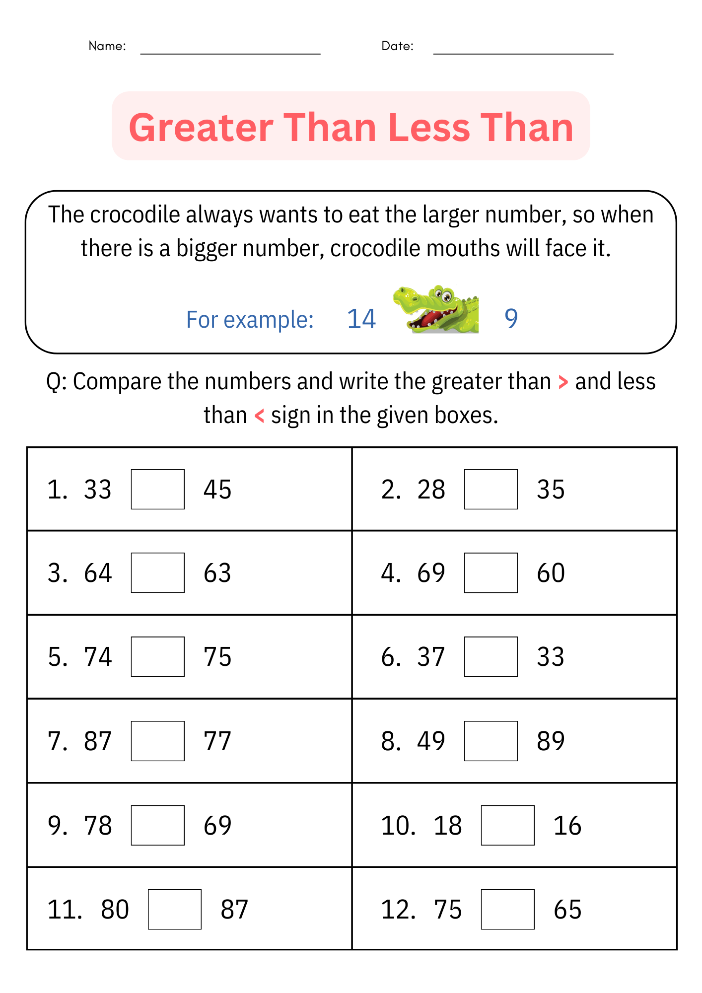 greater than and less than worksheets