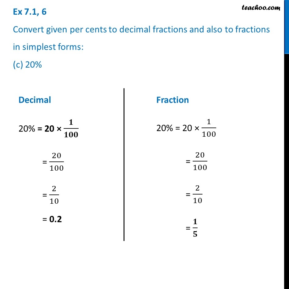 Convert 20 Percent To Decimal And Fraction Class 7 Maths