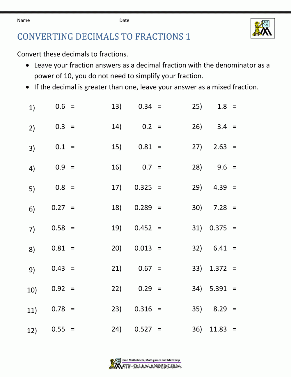 fraction to decimal worksheet fraction to decimal worksheet