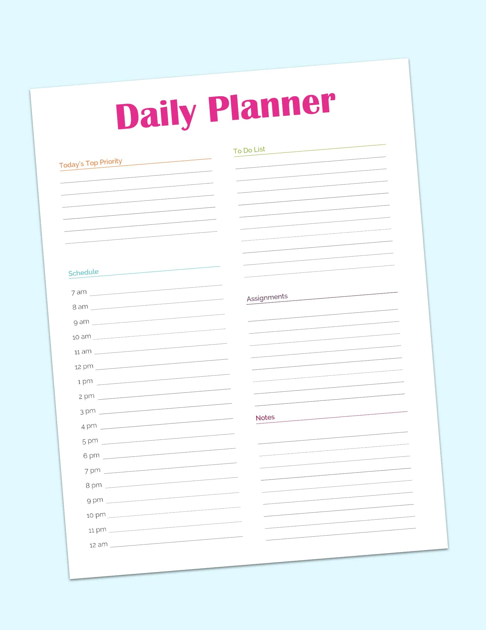 day planner template free printable