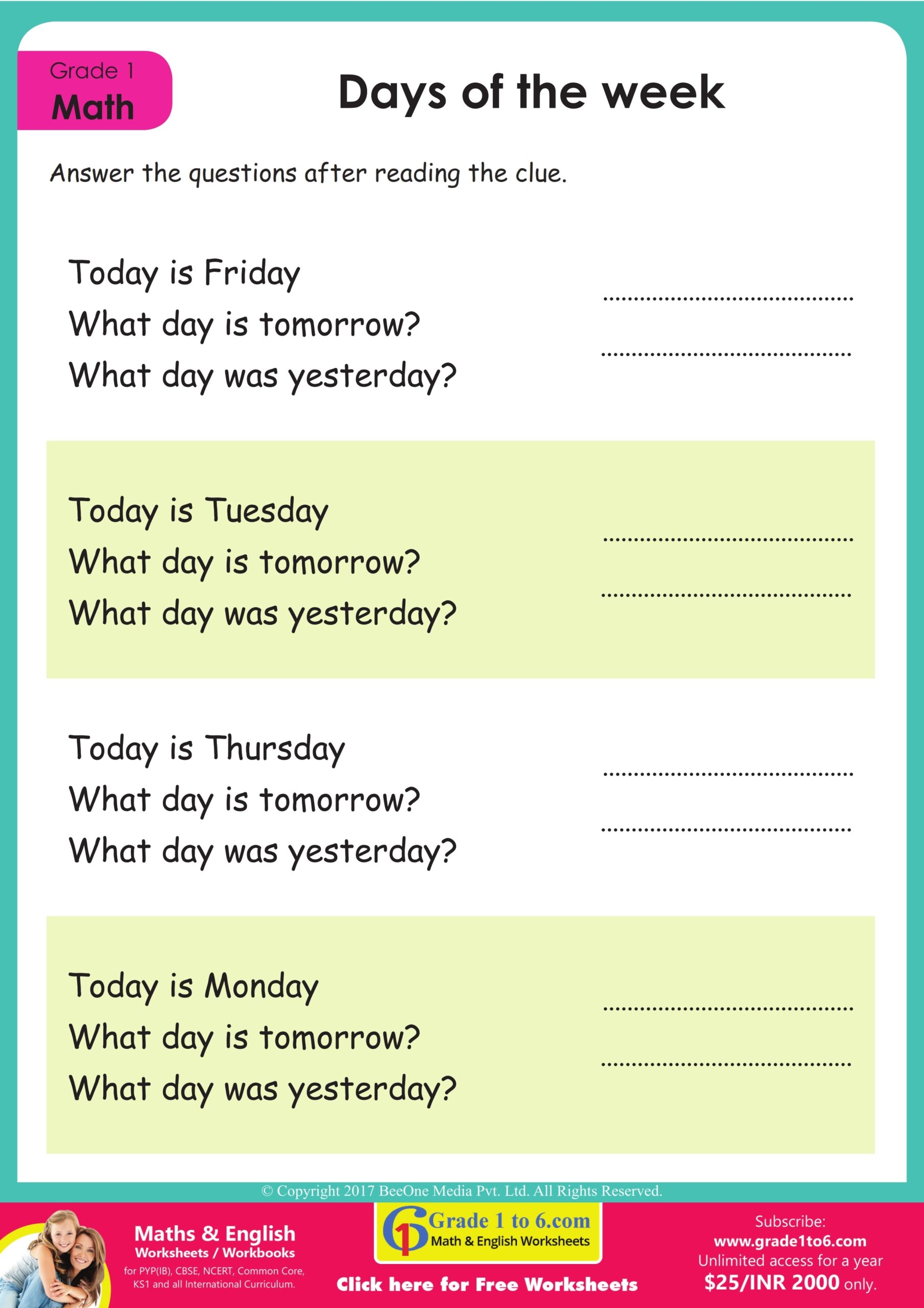 Days Of The Week Worksheet Grade1to6 Days Of The Week Worksheet Grade1to6