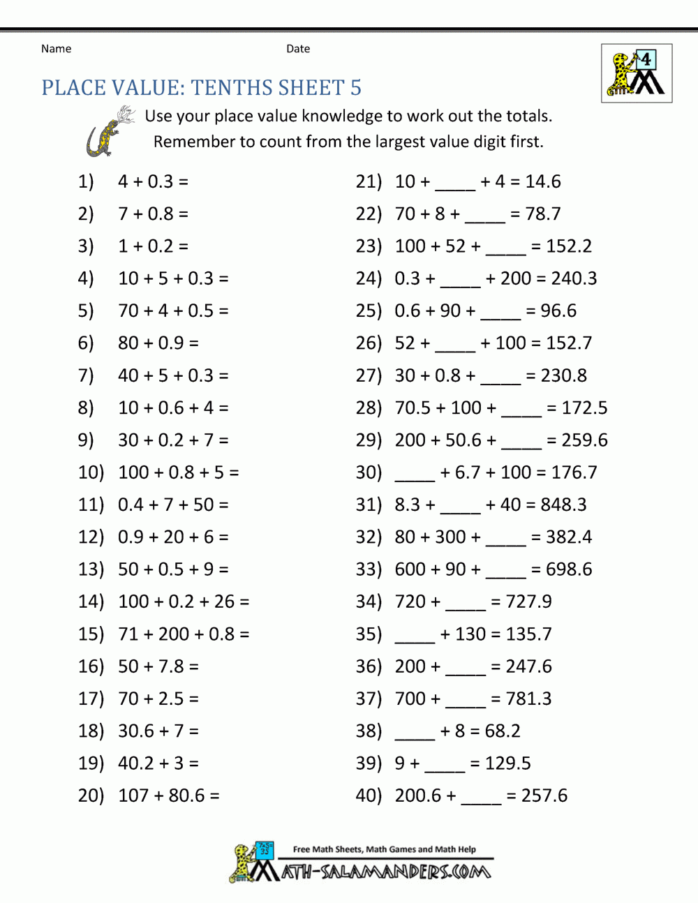 decimal place value worksheets