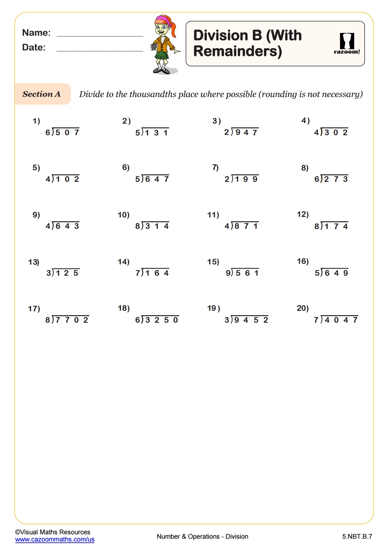 Division B With Remainders 5th Grade PDF Number And Operations Worksheets Cazoom Math Division B With Remainders 5th Grade PDF Number And Operations Worksheets Cazoom Math