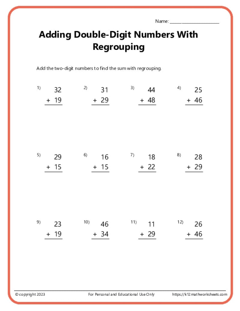 Double Digit Addition With Regrouping Worksheets