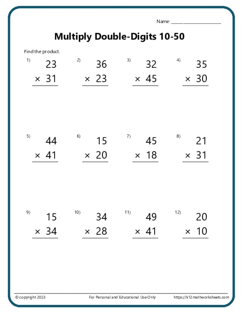 Double Digit Multiplication Worksheets