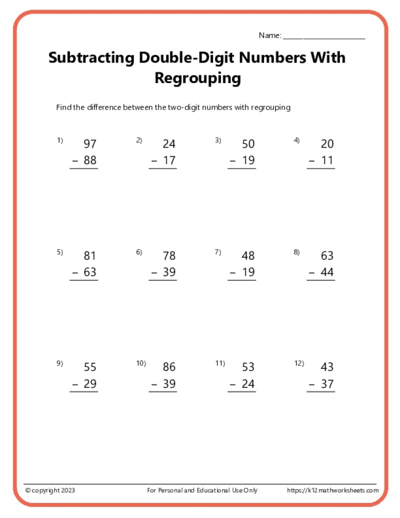 Double Digit Subtraction With Regrouping Borrowing K12 Math Worksheets