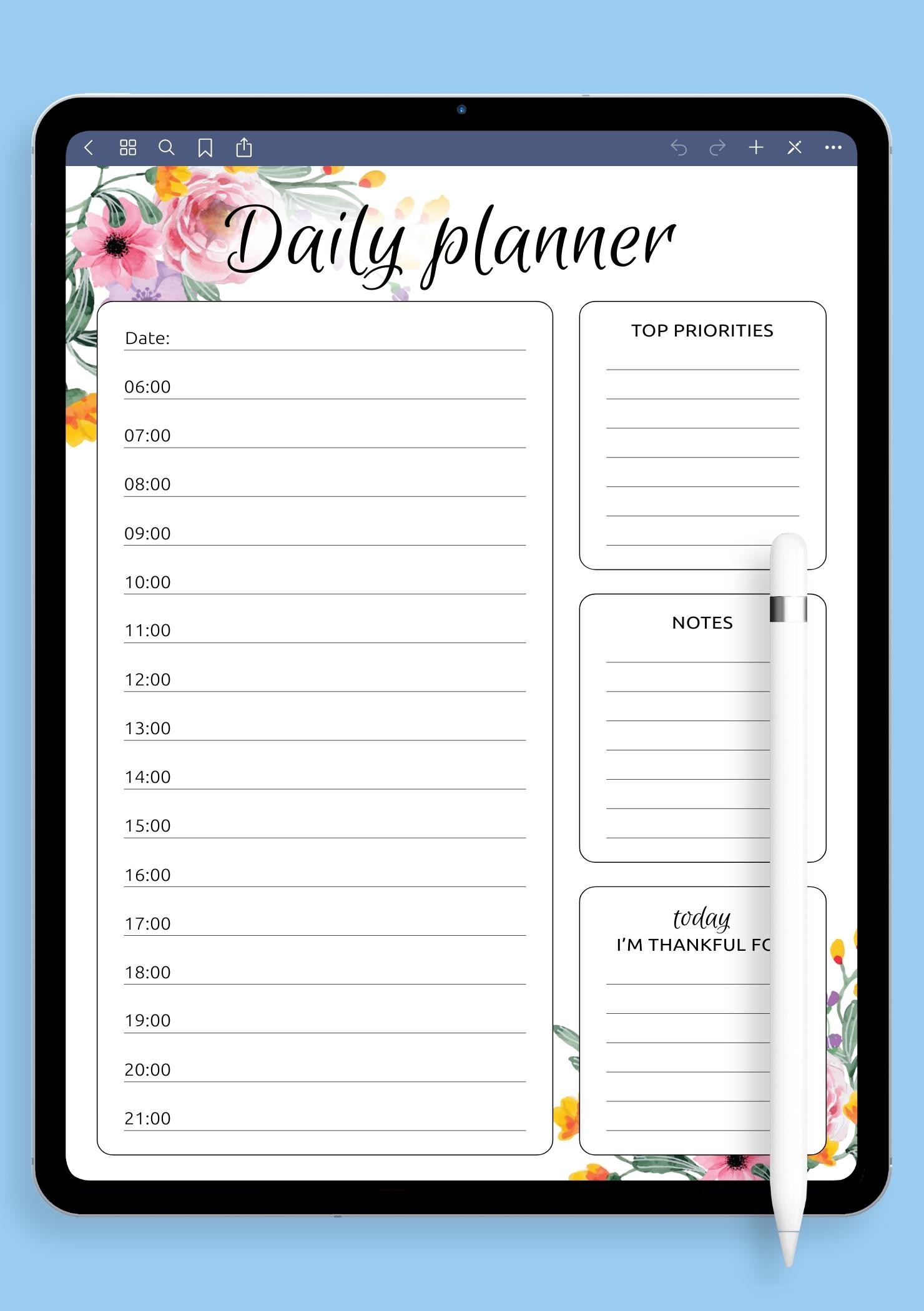 Download Printable Daily Hourly Planner With Flowers PDF
