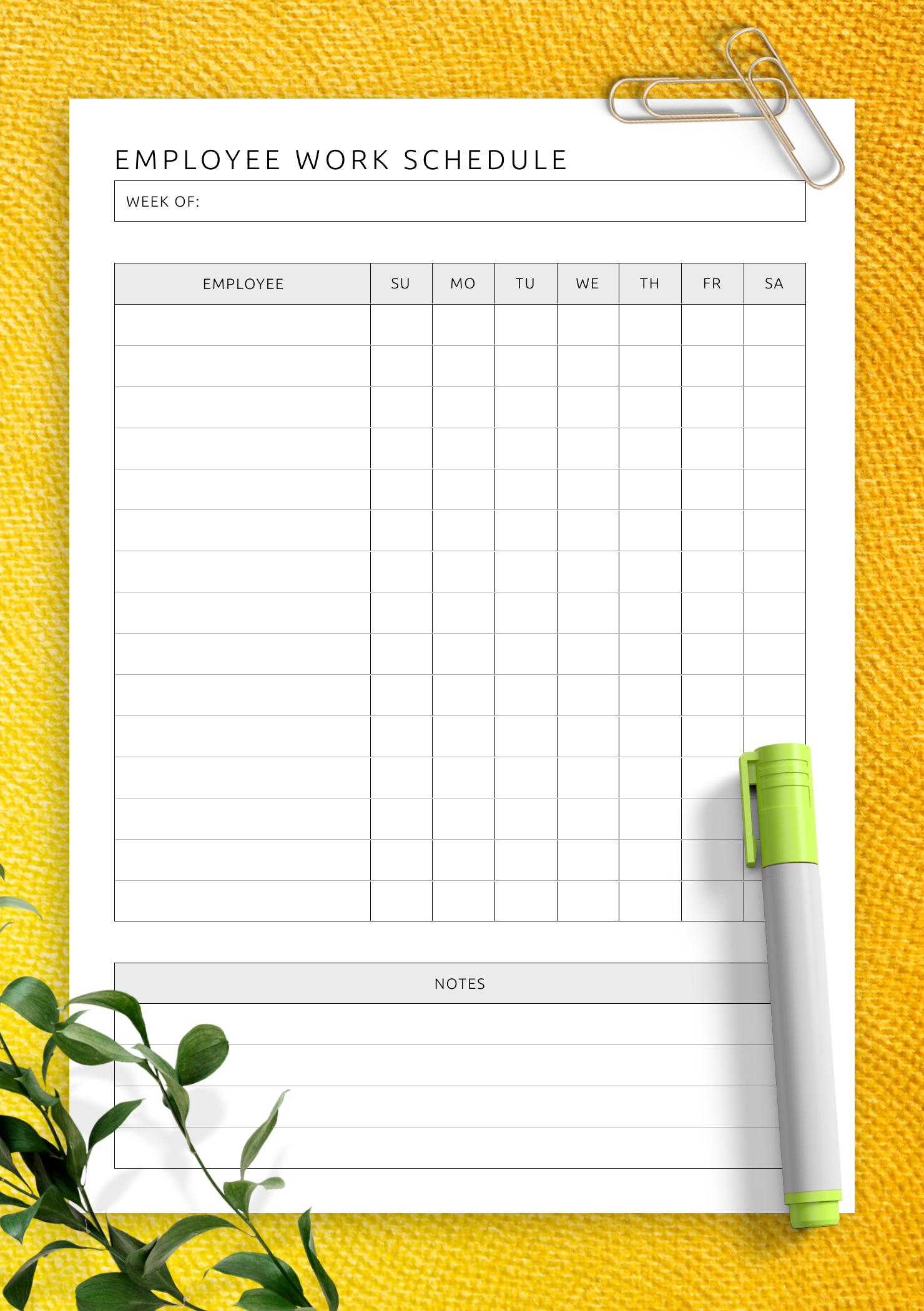 printable work schedule template