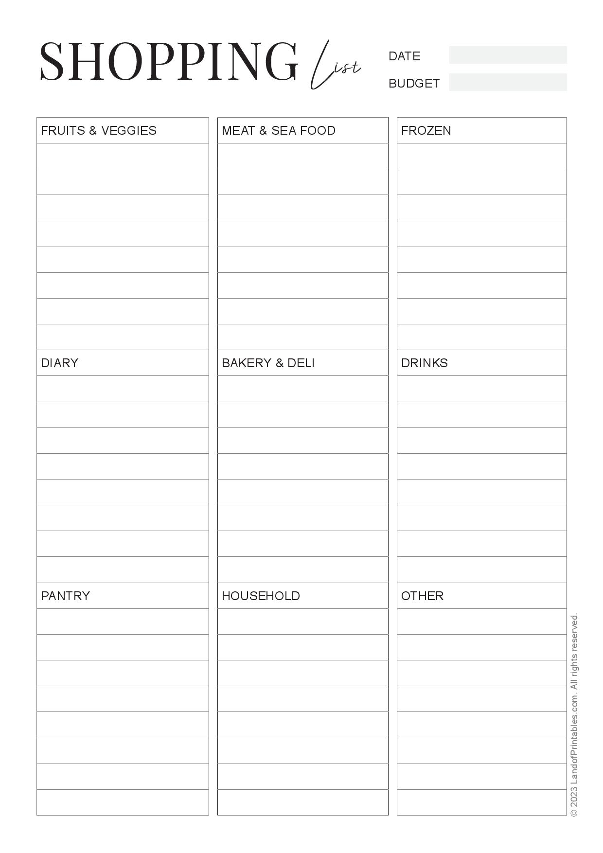 shopping list template free printable