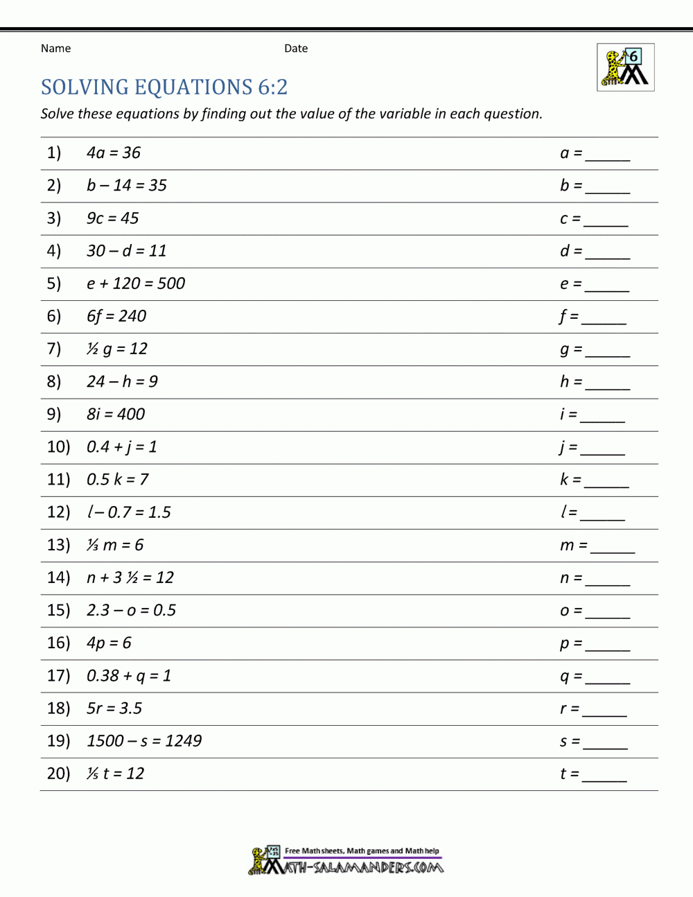 math worksheets for 6th graders