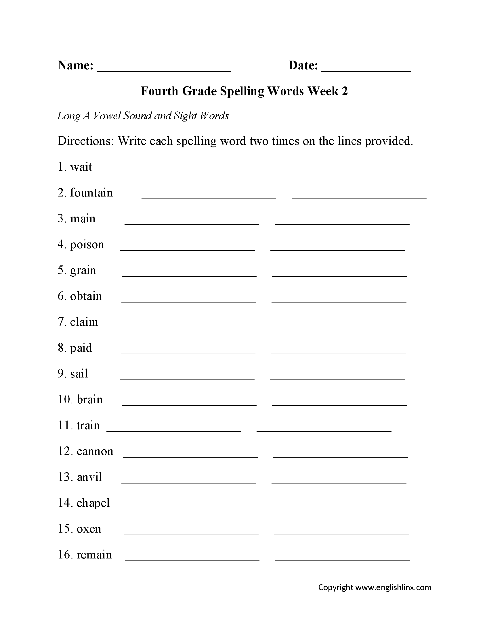 Fourth Grade Spelling Worksheets Free Printable Word Lists Practice