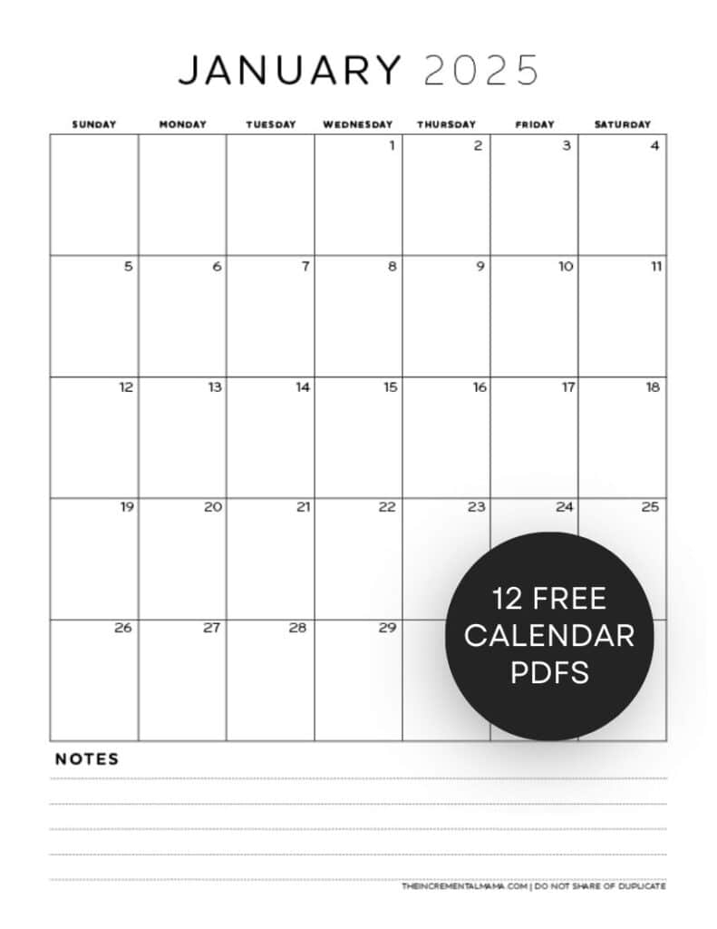 Free 2025 Monthly Calendar PDF Printable With Lined Section The Incremental Mama