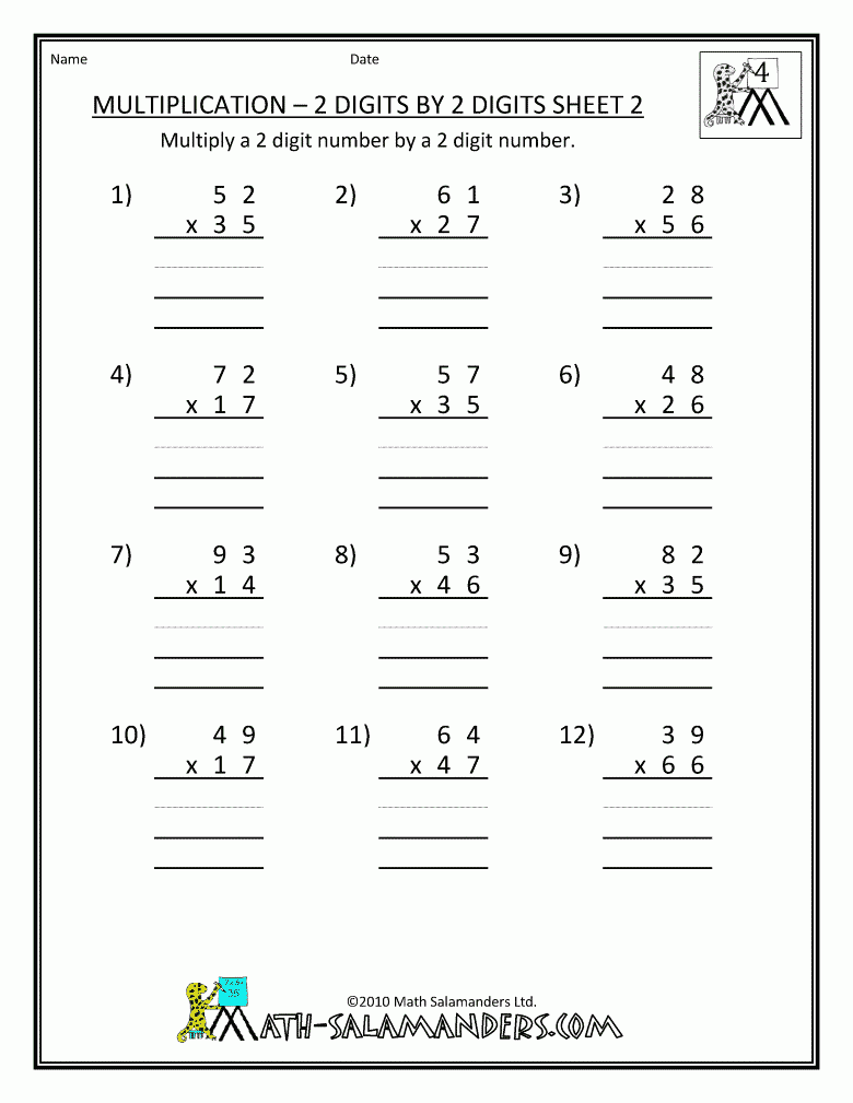 Free 4th grade math worksheets multiplication 2 digits by 2 digits 2 gif 780 1 009 Pixels