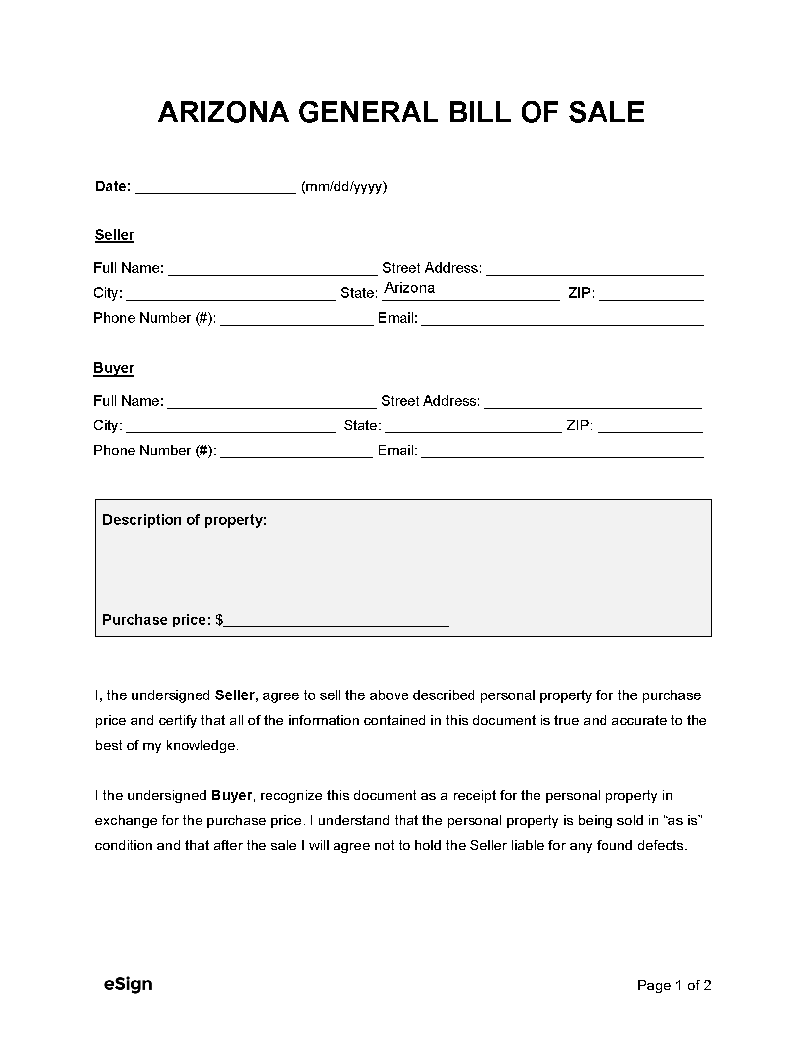 printable bill of sale template free