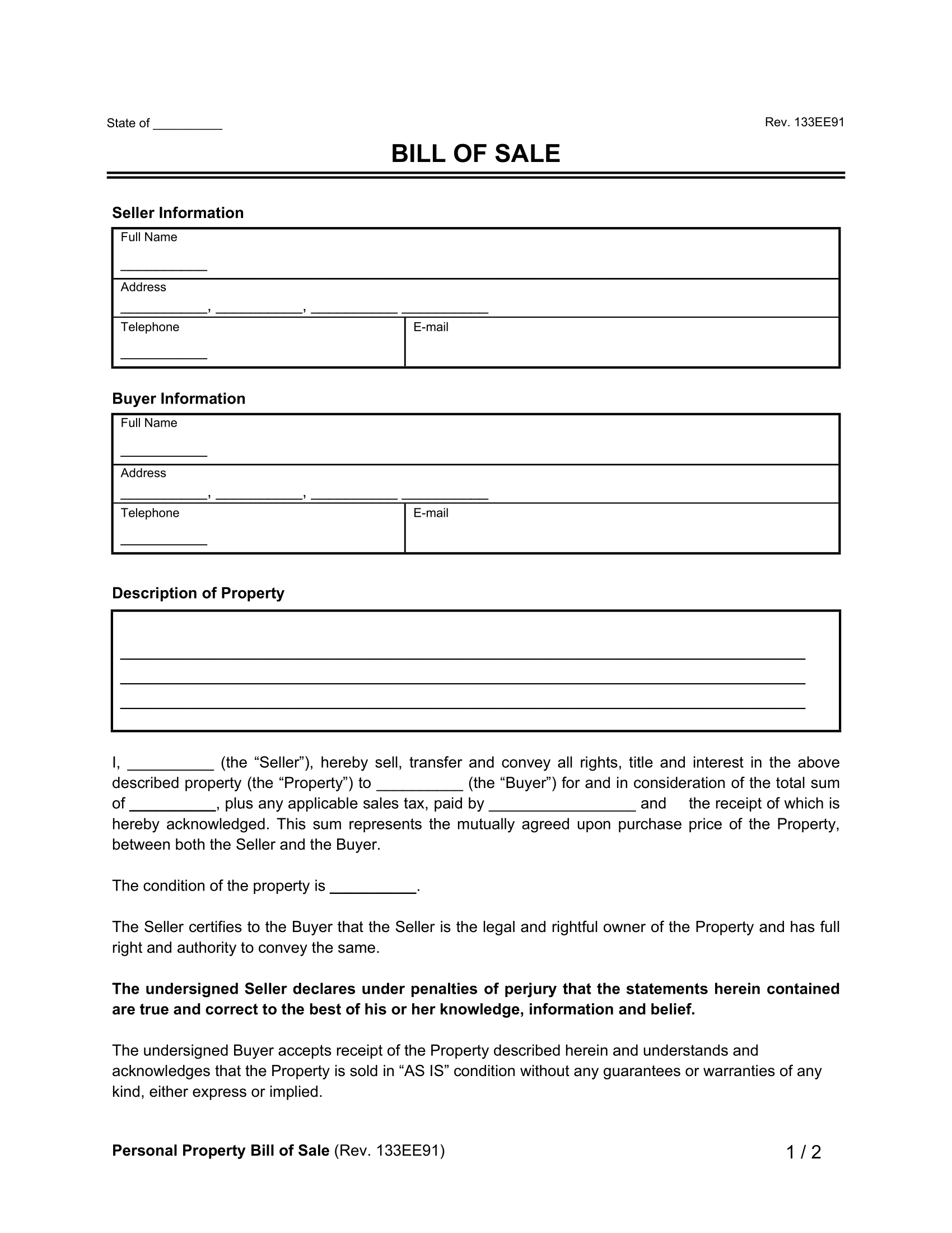 printable bill of sale template