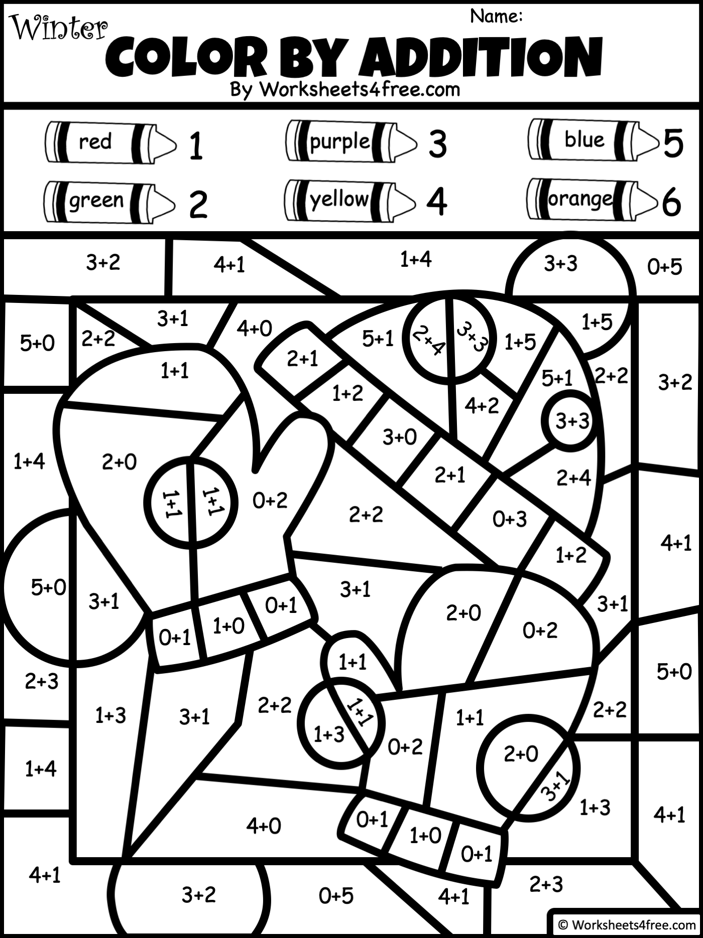Free Color By Addition Mittens Sums To 6 Worksheets4Free Free Color By Addition Mittens Sums To 6 Worksheets4Free