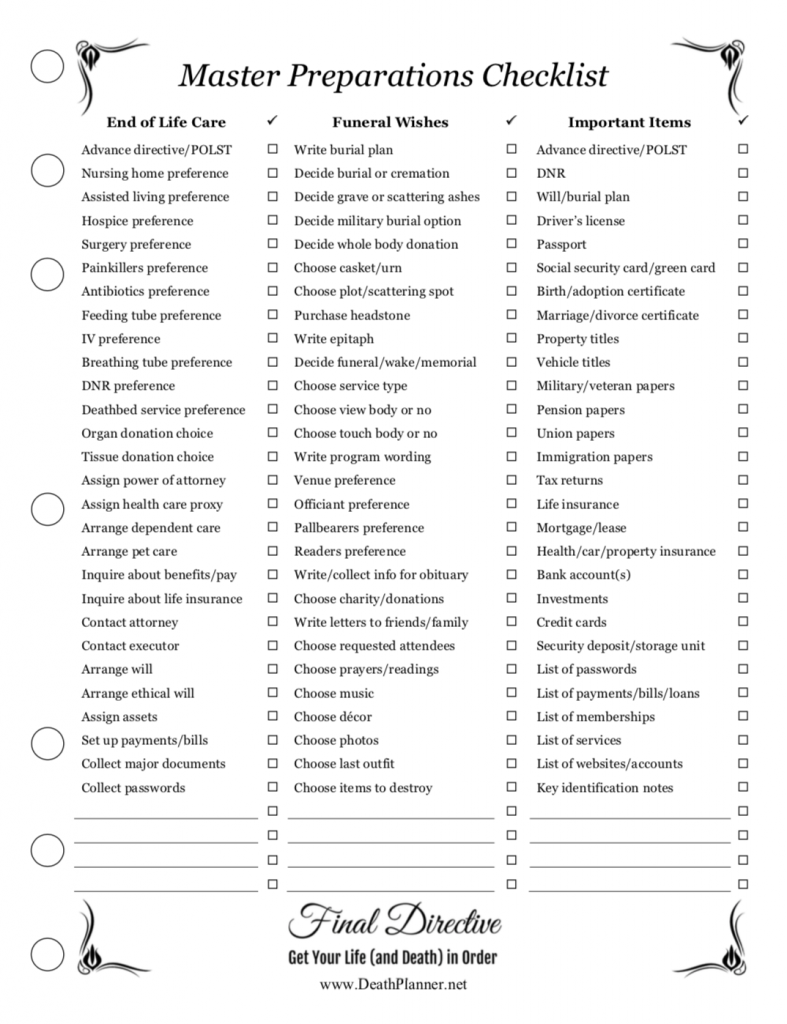 free printable end of life planner template