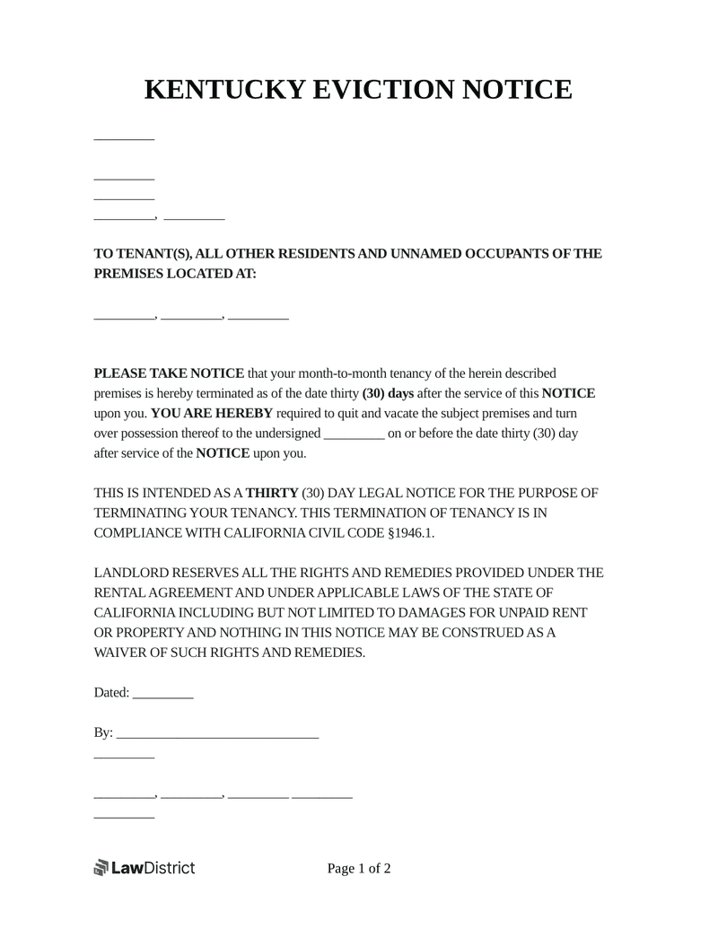Free Kentucky Eviction Notice Forms And Templates Lawdistrict