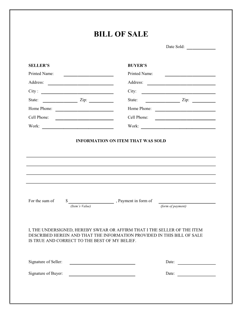 bill of sale template printable