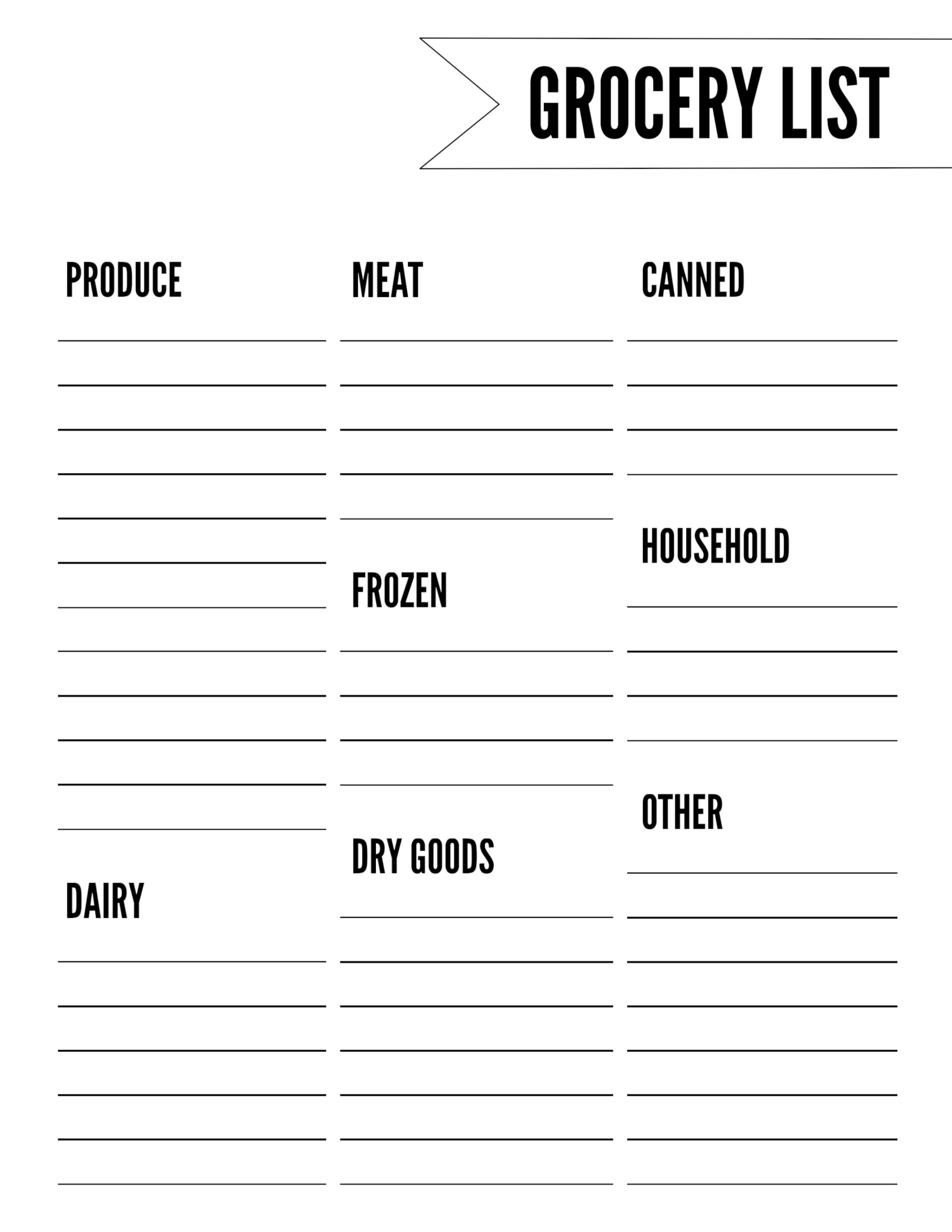 grocery list free printable template